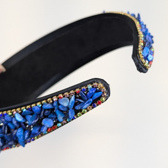 Blue Crushed Turquoise Stone & Rhinestone Embedded Headband Forsylvanas Jewelry - Picture 7 of 8